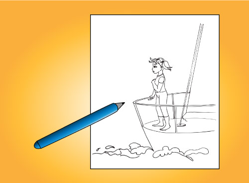 Sketch of little girl standing on bow of ship